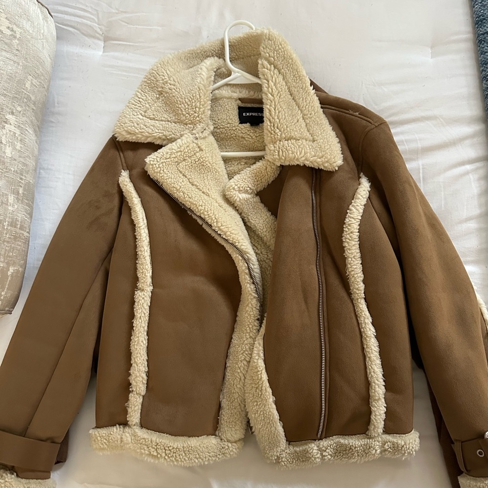 Express Tan and Cream Teddy Jacket with Plush Lining and Wide Collar